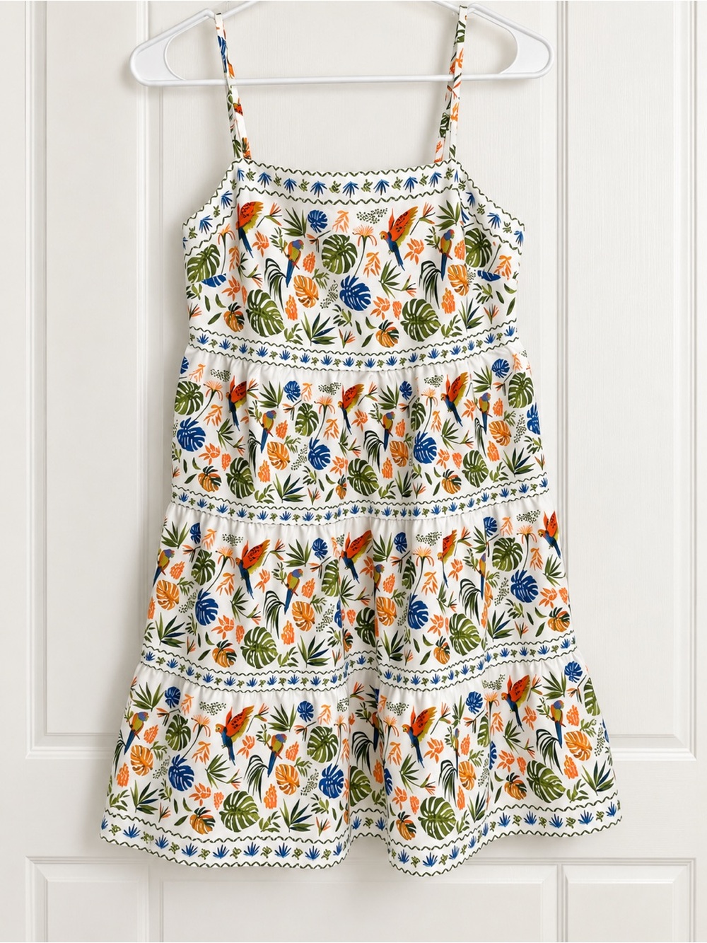 Girls' White Floral Tiered Sundress with Orange & Blue Accents